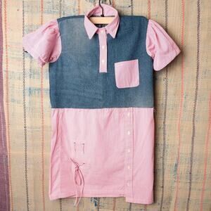 Custom reworked denim patchwork shirt / Hybrid Polo Top
